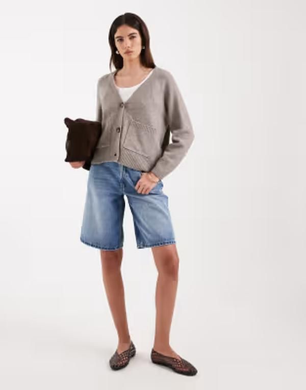 ヴェロモーダ レディース アウター カーディガン ニット Vero Moda boxy knit cardigan with pockets in moon rock HEATHERED MOON R