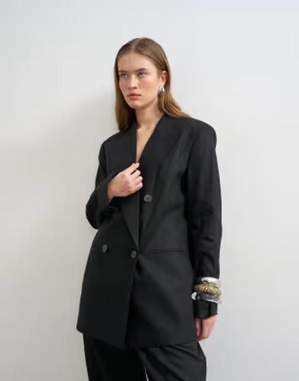 トップショップ レディース アウター ジャケット・ブルゾン ブレザー リネン Topshop linen blend throw on blazer black ブラック