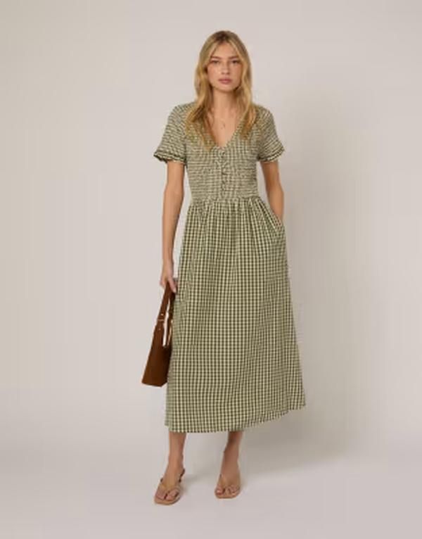 ノーバディーズ チャイルド レディース トップス ワンピース Vネック ギンガムチェック ミディ ギンガム Nobodys Child Eliza vneck short sleeve midi dr