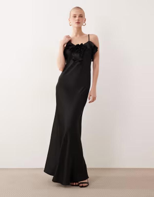 ヴィラ レディース トップス ワンピース フリル サテン マキシ VILA ruffle detail satin cami maxi dress Black ブラック