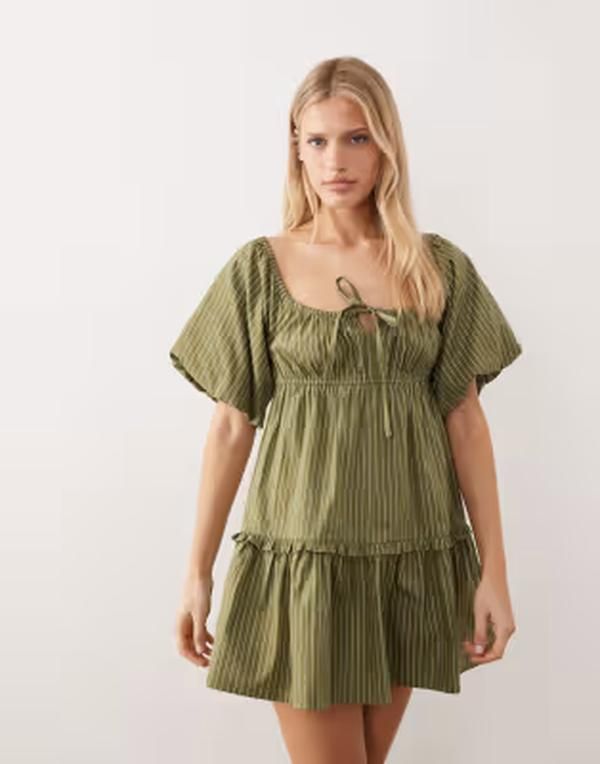 ウェンズデーガール レディース トップス ワンピース ミニ Wednesdays Girl striped mini smock dress and Khaki カーキ