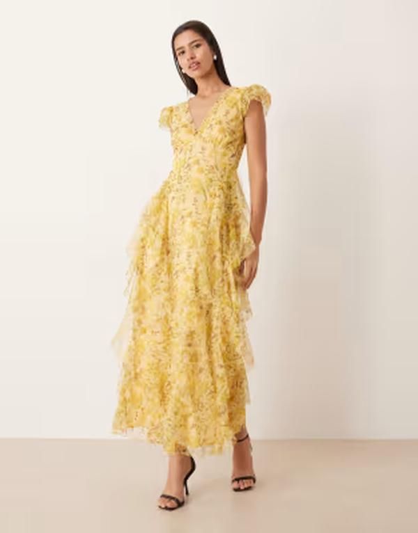 レース アンド ビーズ レディース トップス ワンピース Vネック チュール フラワー柄 フリル マキシ フラワー Lace Beads Melody tulle vneck ruffle frill