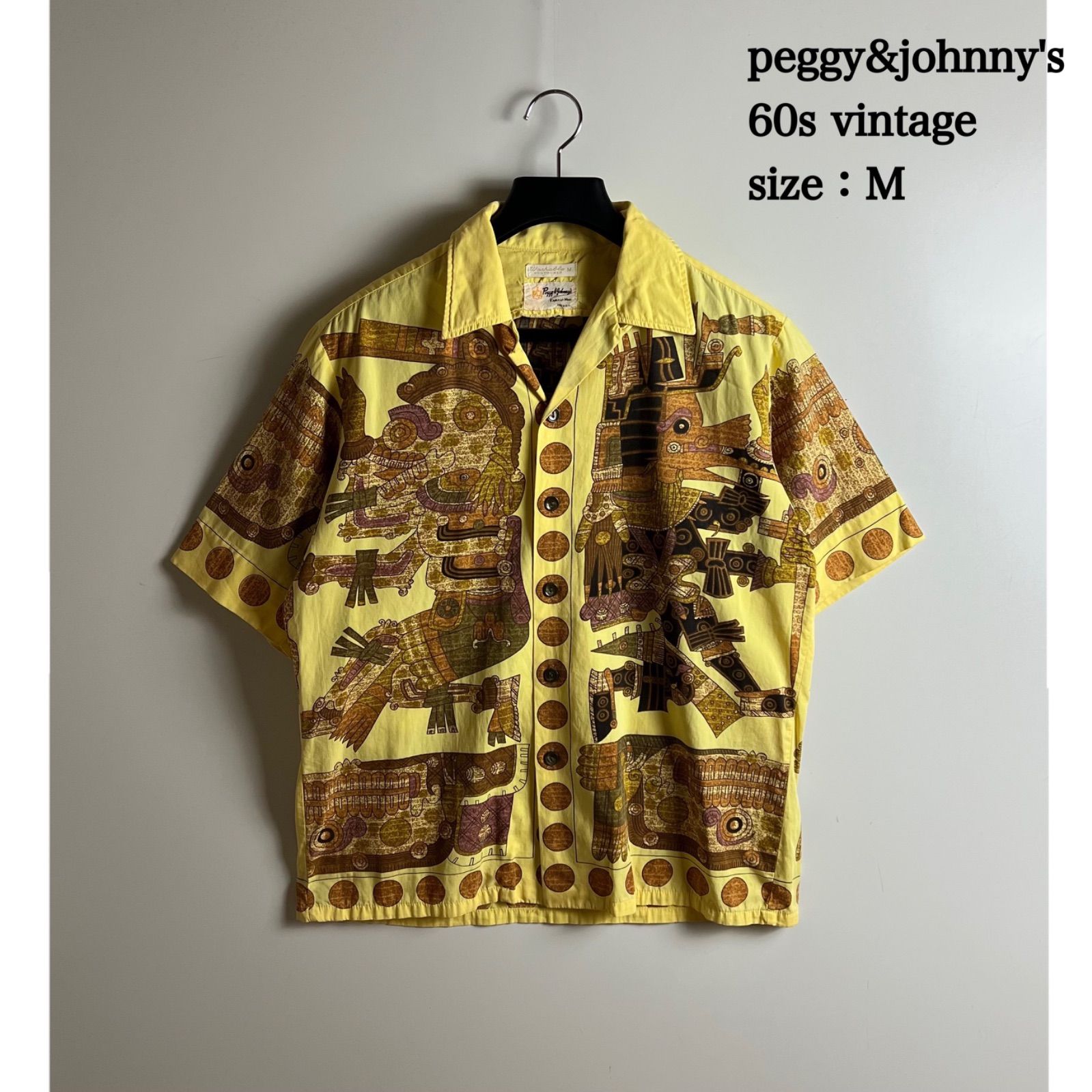 peggy&johnny's 60s Hawaii vintage cotton OC shirts M ペギー＆ジョニー ハワイ ヴィンテージ 開襟シャツ 半袖 民族柄 希少 襟芯あり ボックスシルエット