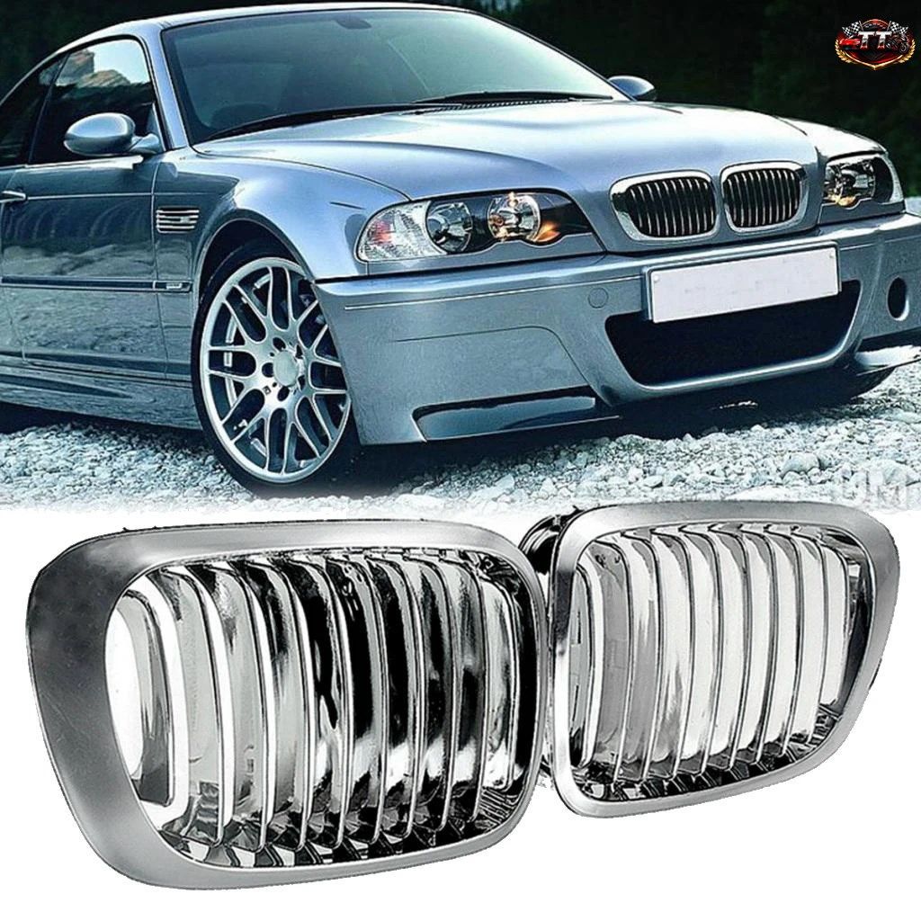 BMW E46 M3 3シリーズ用シルバーフロントフードグリルメッシュ2ピース、光沢のあるフロントバンパーダブルスラットライングリル