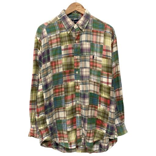 【中古】　RALPH LAUREN　チェックシャツ　長袖　トップス　パッチワーク　ボタンダウン　ワンポイント　オーバーサイズ　古着　/1952