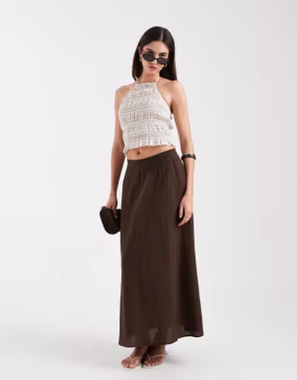オンリー レディース ボトムスカート リネン ONLY linen look midaxi skirt Chocolate martini チョコレート
