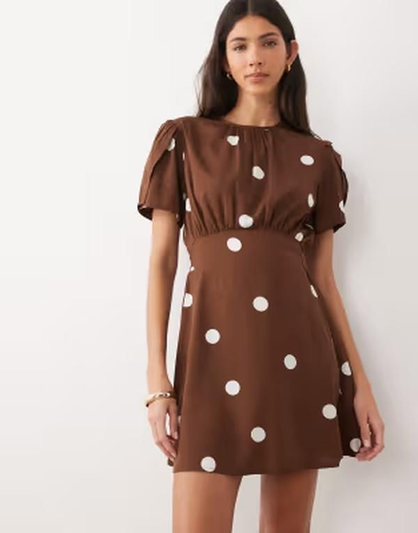 ウェンズデーガール レディース トップス ワンピース ドット ミニ Wednesdays Girl short sleeve mini dress polka dots BROWN ブラウン