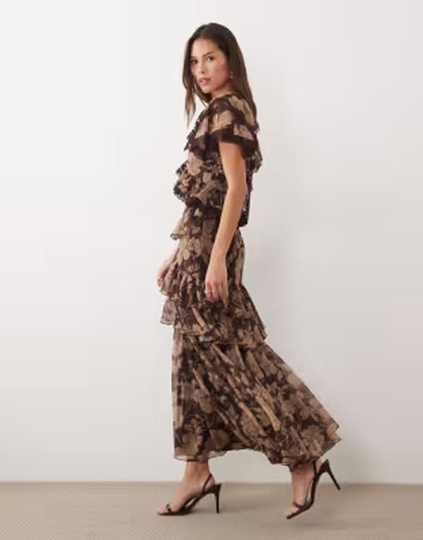 エイソス レディース トップス ワンピース オープンバック フラワー柄 フリル フラワー ASOS DESIGN full hem ruffle dress with trim detailing a