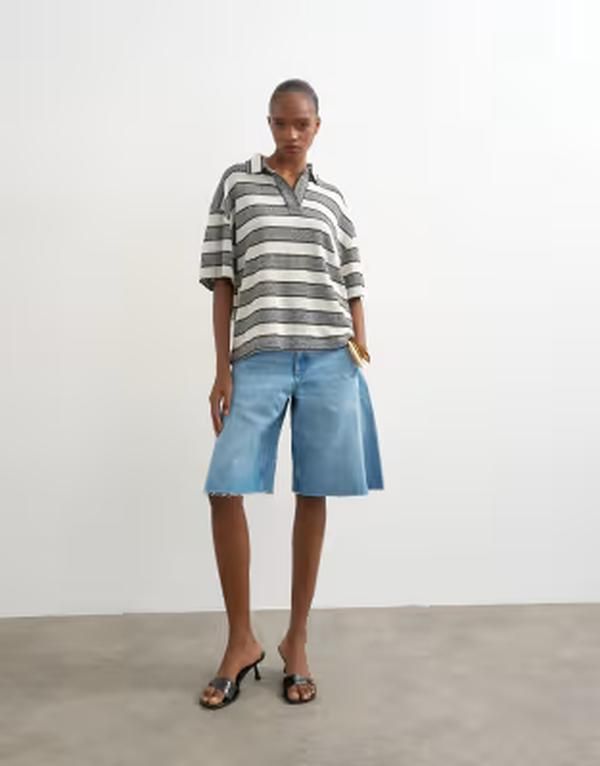 トップショップ レディース トップス ポロシャツ Topshop cut and sew striped oversized rugby top Gray グレー