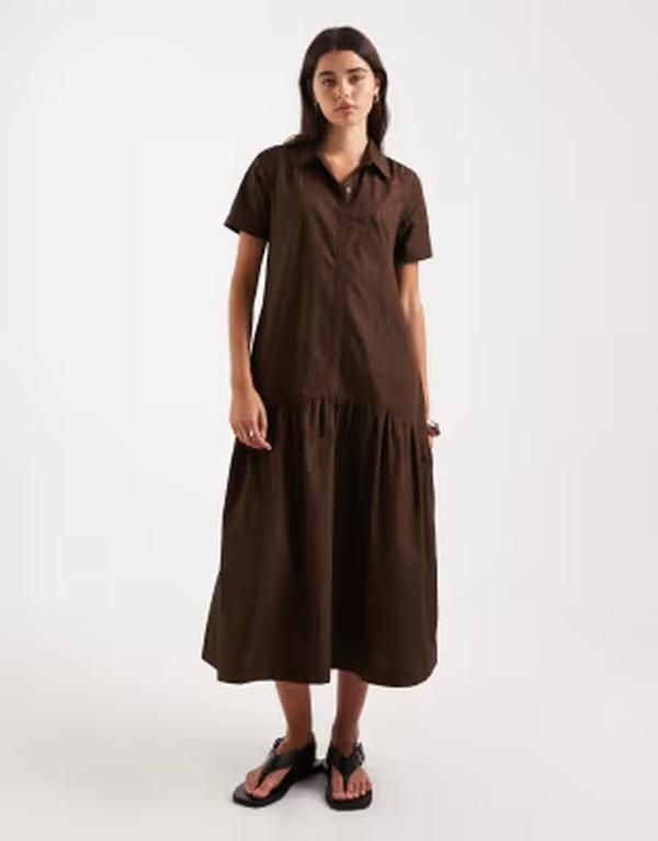 スリードベア レディース トップス ワンピース ティアード ミディ シャツ Threadbare poplin tiered midi shirt dress in chocolate BROWN ブ