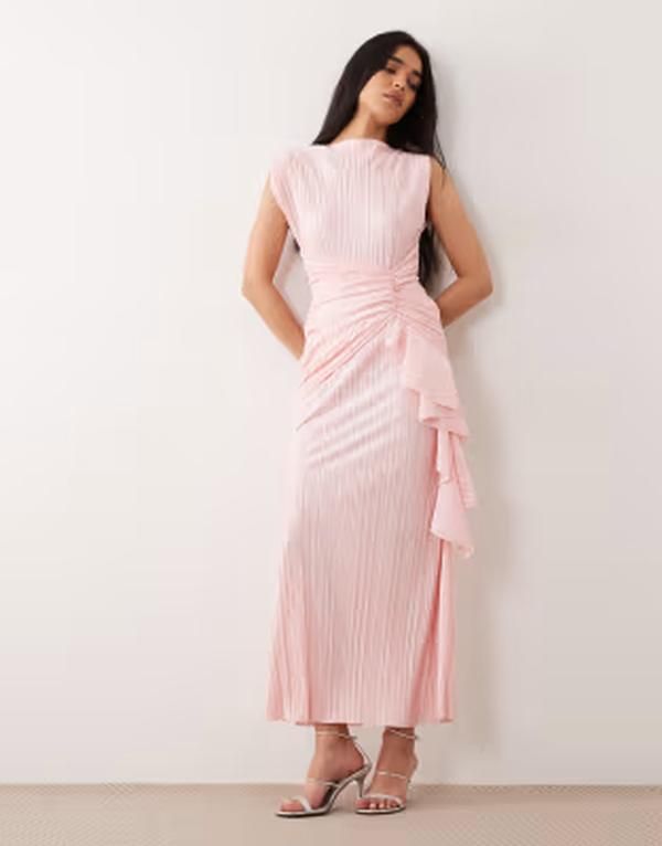 エイソス レディース トップス ワンピース ギャザー マキシ ASOS DESIGN ruched side plisse maxi dress with frill detail in baby P