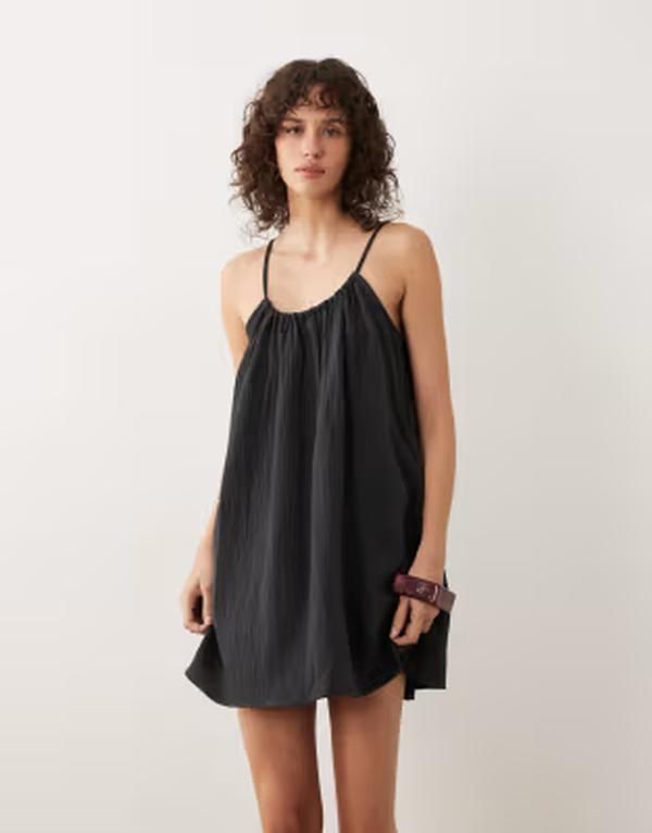 ジェイディーワイ レディース トップス ワンピース ミニ ノースリーブ JDY cheesecloth sleeveless mini dress in washed PHANTOM ブラック