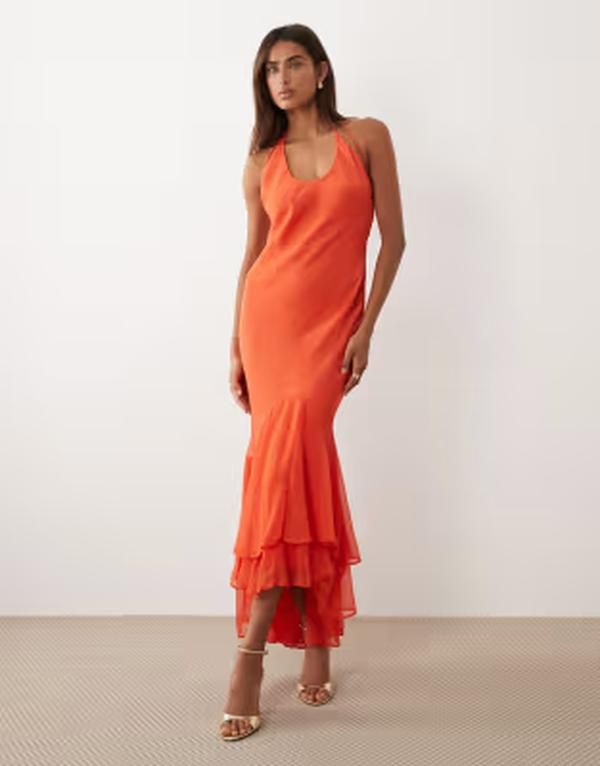 エイソス レディース トップス ワンピース フリル スカート マキシ ASOS DESIGN strappy fishtail skirt ruffle maxi dress RED レッド
