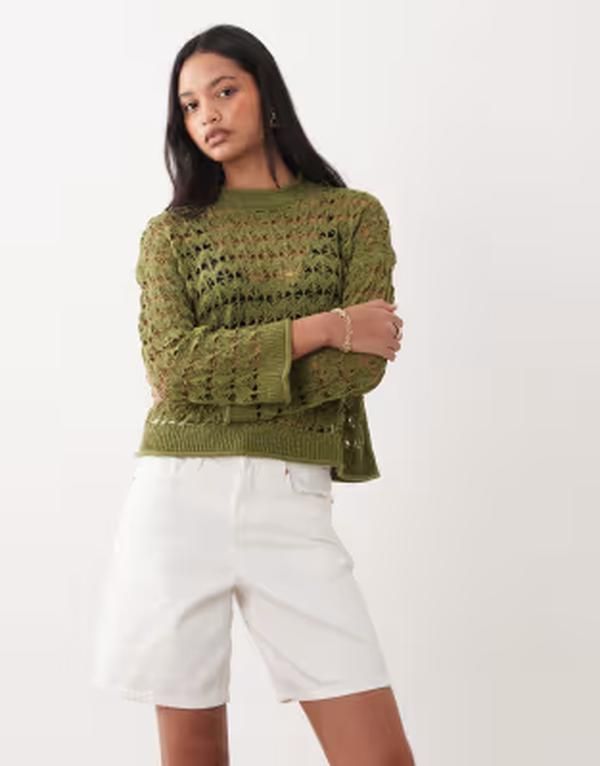 ミスセルフフリッジ レディース アウター ニット・セーター Misselfridge open crochet stitch sweater in olive オリーブ