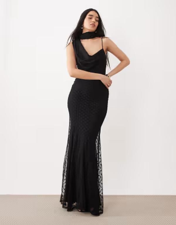 エイソス レディース トップス ワンピース メッシュ マキシ ASOS DESIGN mesh maxi dress with scarf detail Black ブラック