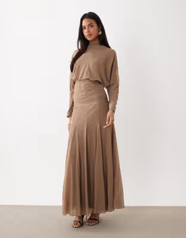 エイソス レディース トップス ワンピース シフォン シアー マキシ ASOS DESIGN chiffon sheered waist panel godet maxi dress in Taupe
