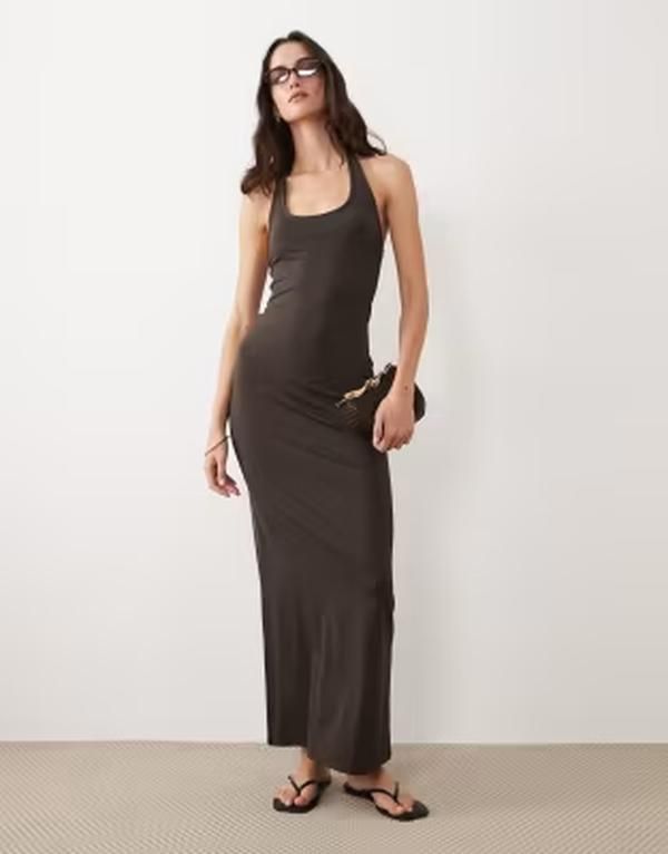 エイソス レディース トップス ワンピース マキシ ホルター ASOS DESIGN halter neck maxi dress in chocolate チョコレート