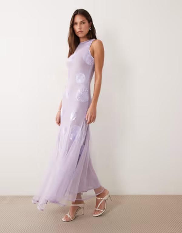 エイソス レディース トップス ワンピースパンコール マキシ ASOS DESIGN embellished sequin spot maxi dress in lilac ライラック