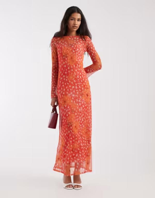 ネバーフリードレスド レディース トップス ワンピース プリント メッシュ マキシ Never Fully Dressed Aria long sleeved mesh maxi dress in c