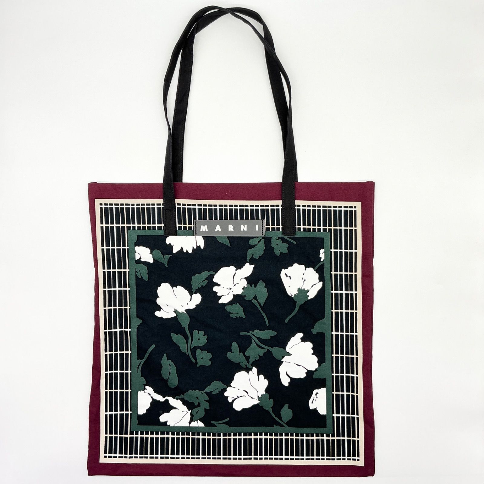 MARNI MARKET マルニマーケット バンダナトート バーガンディーフラワー グリーン ホワイト フラワープリント トートバッグ【中古】Aランク　2_302