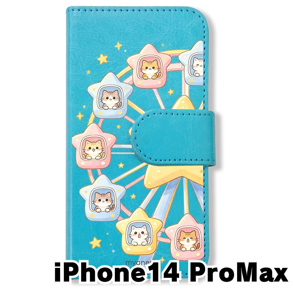 新品未使用】 iPhone14 Pro Max 手帳型スマホ ケース (色：ブルー×ねこ