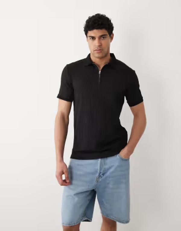 セレクティッド メンズ トップス ポロシャツ ハーフジップ リブ Selected ribbed half zipolo shirt Black ブラック