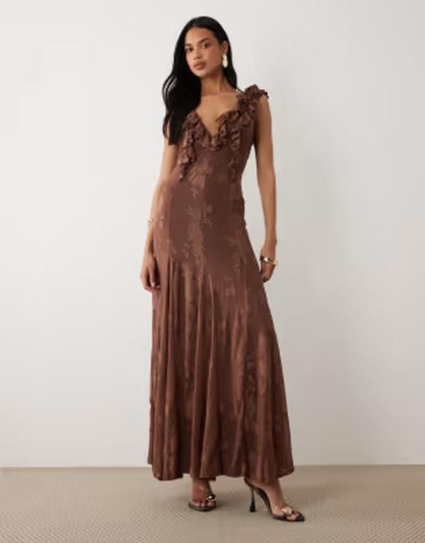 エイソス レディース トップス ワンピース Vネック マキシ ASOS DESIGN burnout devor frill trim soft vneck maxi dress with godet