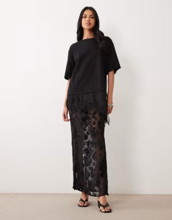 エイソス レディース ボトムスカート フラワー柄 ギャザー マキシ フラワー ASOS DESIGN ruchedetailing floral burnout maxi skirtBC ブラック