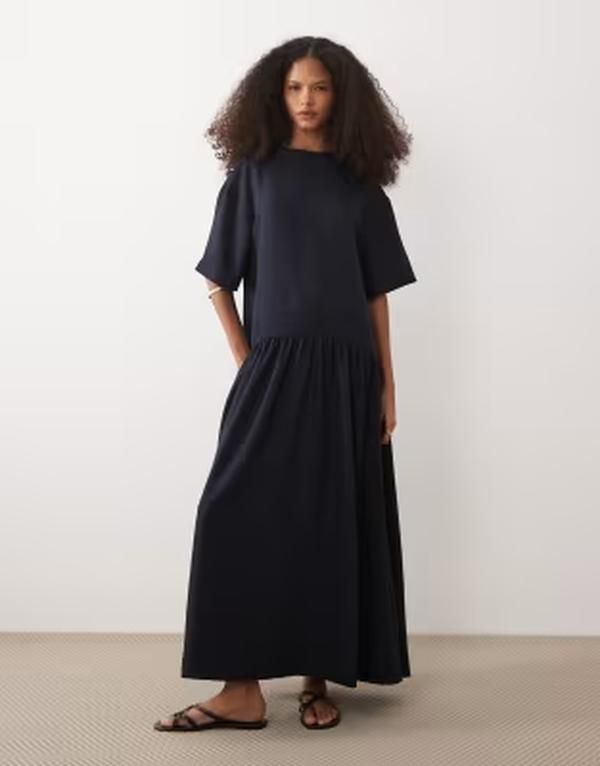 エイソス レディース トップス ワンピース ミディ Tシャツ ASOS DESIGN dropped waistshirt midi dress NAVY ネイビー 17,985円