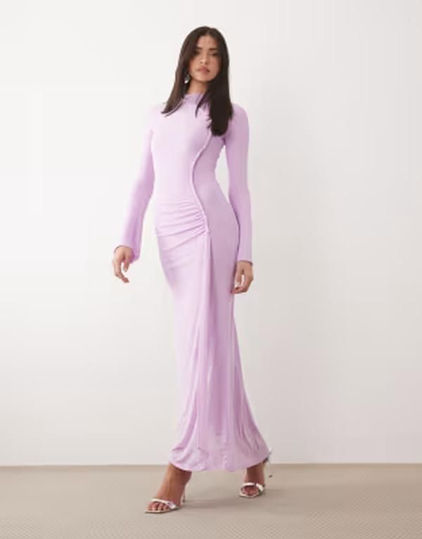 エイソス レディース トップス ワンピース メッシュ マキシ ASOS DESIGN mesh long sleeve maxi dress with twist detail in lilac ライ