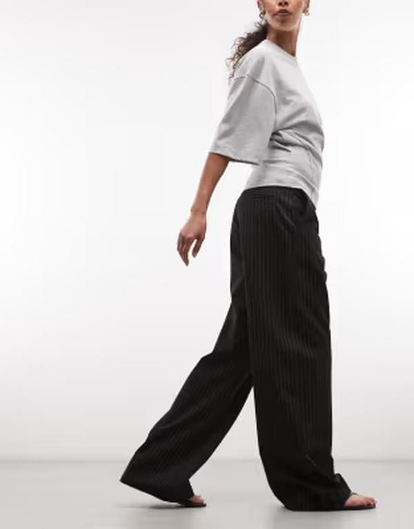 ウィークデイ レディース ボトムス カジュアルパンツ ワイドレッグ Weekday wide leg tailored pants pinstripes Black ブラック