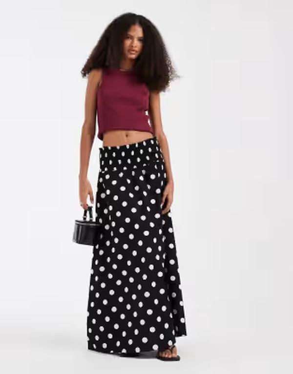 エイソス レディース ボトムスカート ドット マキシ ASOS DESIGN shirred waist maxi skirt polka dots part of a set Black Polka