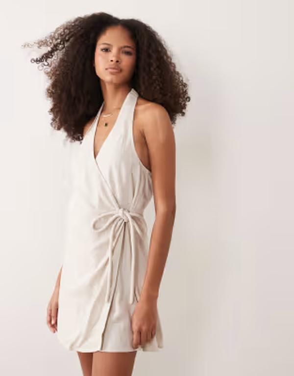 エイソス レディース トップス ワンピース ミニ リネン ホルター ASOS DESIGN viscoselinen blend halter neck wrap mini sundress in o
