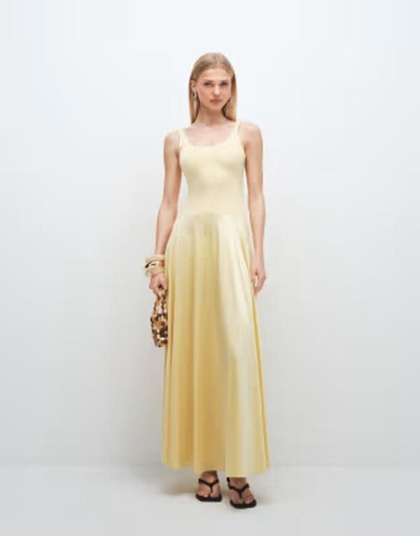 レア レディース トップス ワンピース サテン マキシ Rare London satin scoop neck dropped waist maxi dress in yellow イエロー