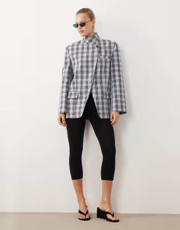 エイソス レディース アウター ジャケット・ブルゾン スタンドネック ブレザー ASOS DESIGN funnel neck wrap blazer and brown plaid Blue and
