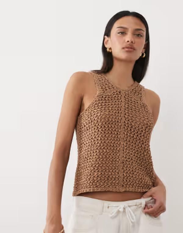 エイソス レディース アウター ニット・セーター ASOS DESIGN tape yarn open stitch tank top in toffee