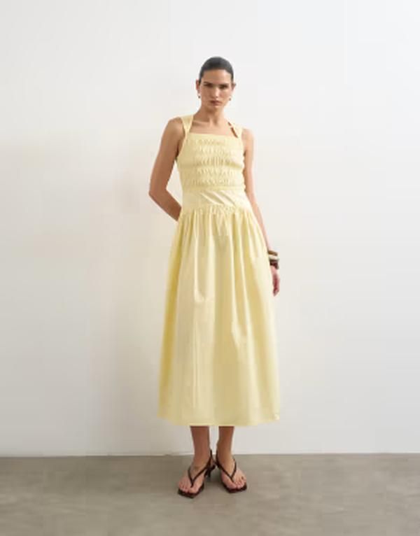 トップショップ レディース トップス ワンピース ミディ Topshop shirred bust dropped waist midi poplin dress in buttermilk