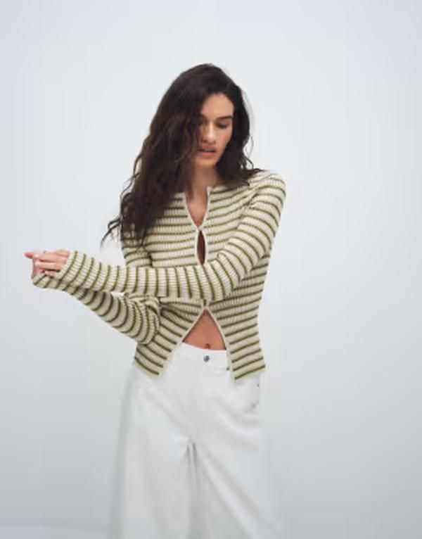 アンドアザーストーリーズ レディース アウター カーディガン リブニット Other Stories rib knit striped button up cardigan GREEN グリーン