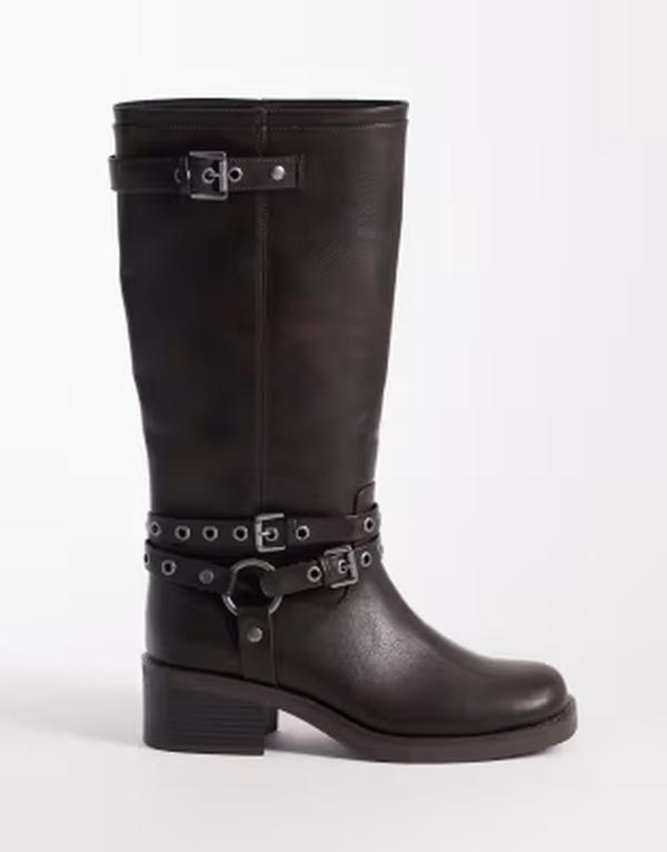 エイソス レディース シューズ ブーツ・レインブーツ ASOS DESIGN Curve Cassandra grommet biker boots in burnished BROWN BURNIS