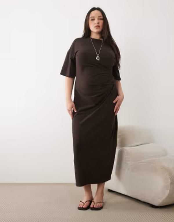 エイソス レディース トップス ワンピース ギャザー ミディ Tシャツ ASOS Curve ASOS DESIGN Curve side ruched Tshirt midi dress in ch