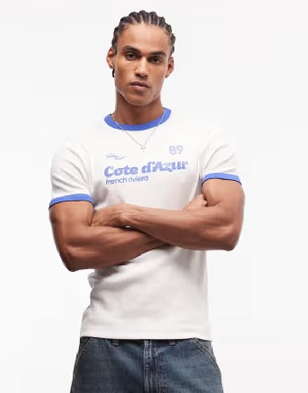 エイソス メンズ トップス Tシャツ リブニット グラフィック ASOS DESIGN heavyweight muscle fitshirt with soccer graphic rib knit