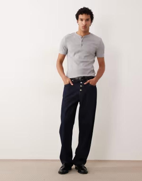 エイソス メンズ トップス Tシャツ ASOS DESIGN heavyweight muscle fit Henley Tshirt with chest embroidery heather Gr