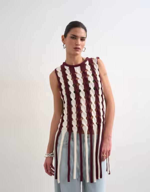 トップショップ レディース トップス ベスト ニット Topshop knit cable tassel tank Burgundy バーガンディ