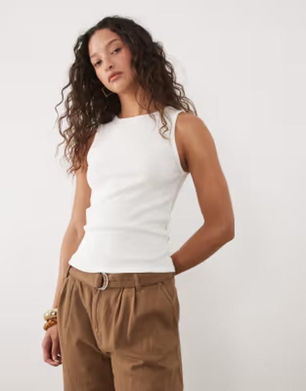 マンゴ レディース トップス ベスト リブ コットン Mango cotton rich ribbed racer tank top WHITE ホワイト