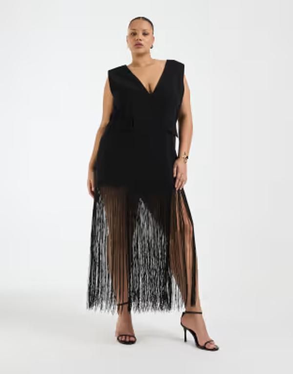 エイソス レディース トップス ワンピース ノースリーブレザー フリンジ ASOS DESIGN Curve sleeveless blazer with fringe hem Black ブラック