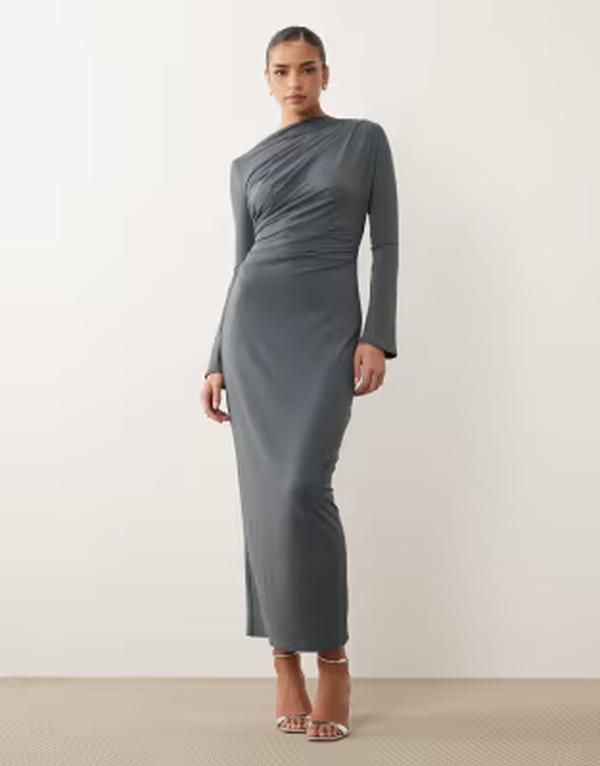 エイソス レディース トップス ワンピース アシンメトリー ドレープ マキシ ASOS DESIGN asymmetric drape slash neck maxi dress in slate g