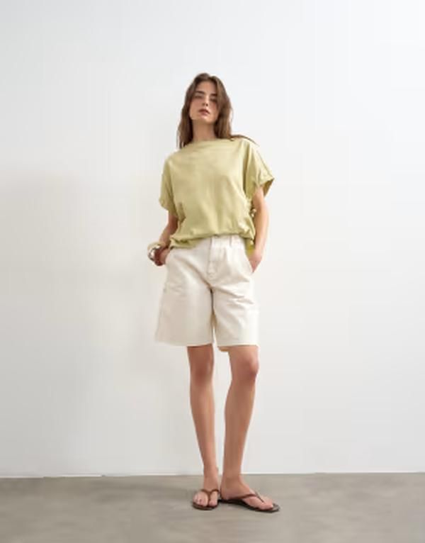 トップショップ レディース ボトムス ハーフパンツ・ショーツ プリーツ ショートパンツ デニム Topshop denim pleated longline shorts WHITE ホワイト