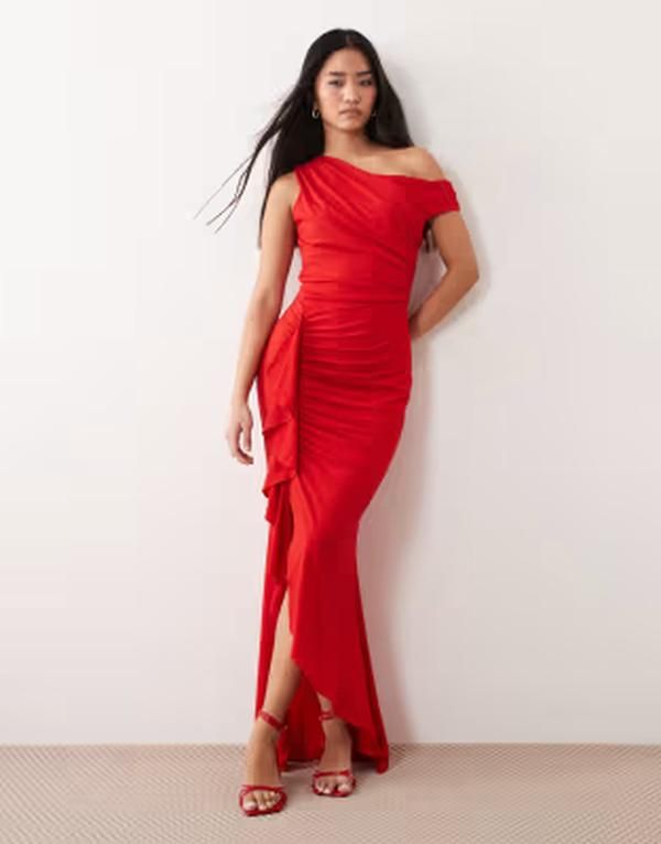 ティエフエヌシー レディース トップス ワンピース フリル TFNC slinky fallen shoulder thigh slit ruffle detail midaxi dress RED