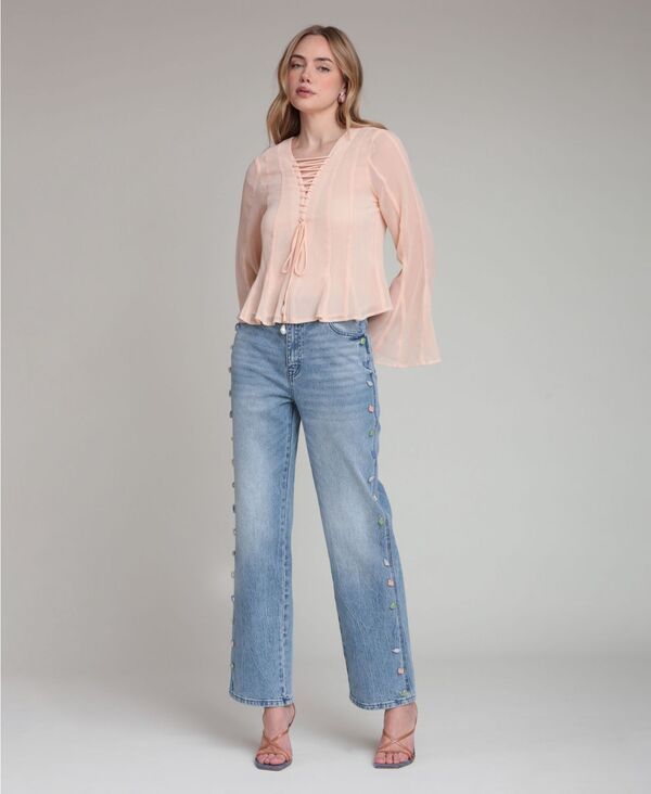 アヴェックレフィーユ レディース ボトムス デニムパンツ ジーンズ Avec Les Filles Womens MidRise Stonembellished Jeans Flutter Wash