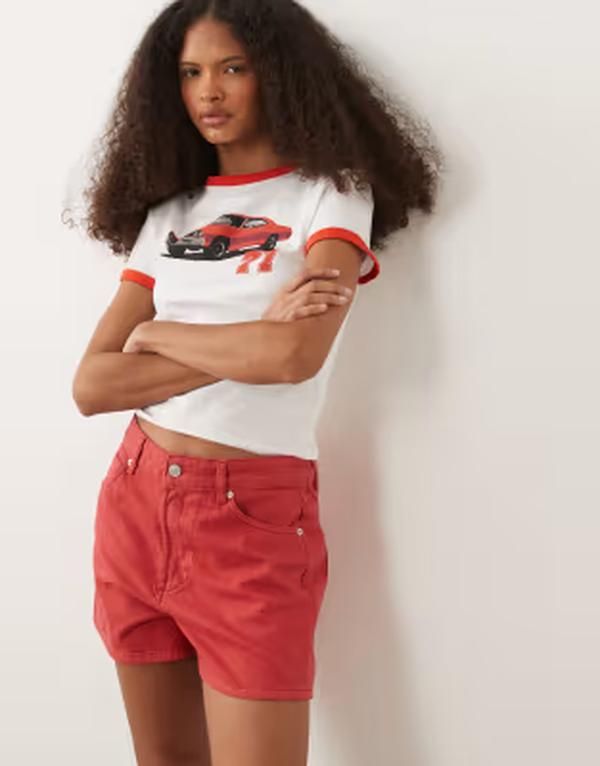 エイソス レディース ボトムス ハーフパンツ・ショーツ ショートパンツ デニム ASOS DESIGN high rise denim shorts RED レッド